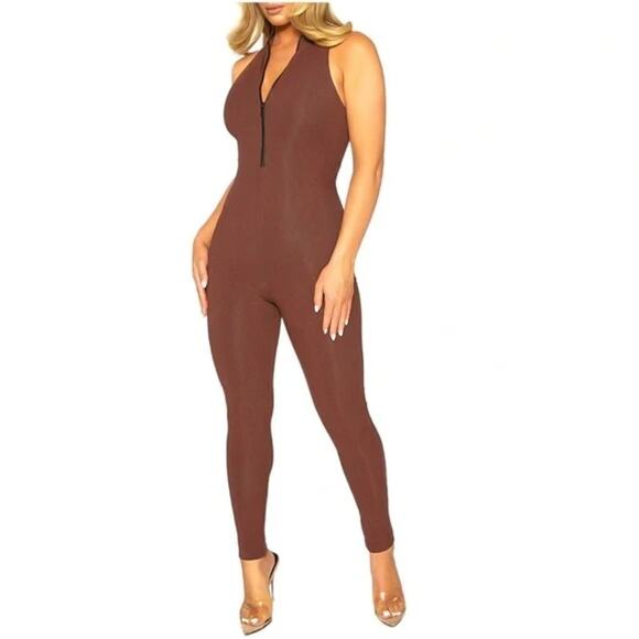 Naked Wardrobe Brown Ribbed Knit Sleeveless Half Zip Jumpsuit Catsuit Size XL